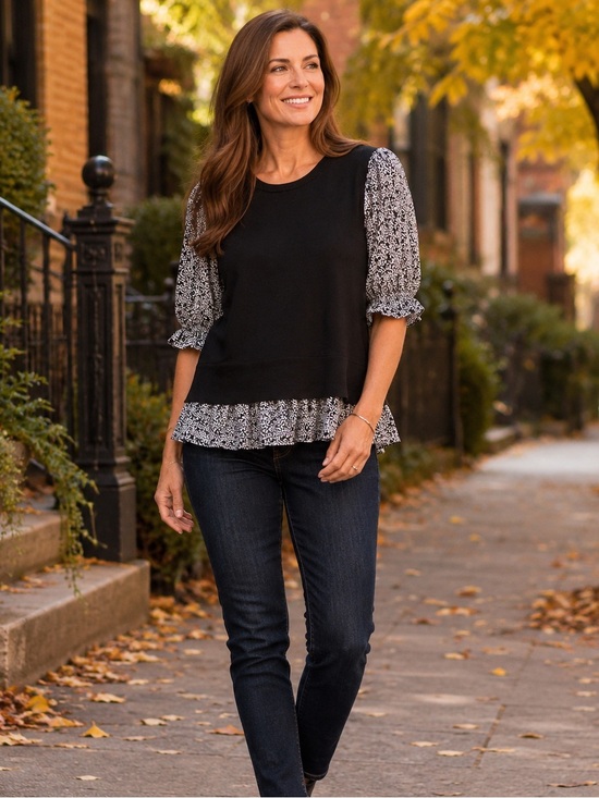 Tops - Nanette Nanette Lepore Black Floral Ruffle Hem Puff Sleeve Top L